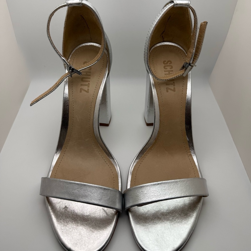 SCHUTZ Metallic Silver Ankle Strap Heels